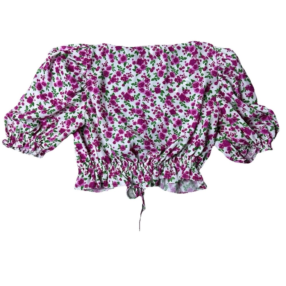 For Love & Lemons Womens S Crop Top Floral Puff Sleeve Smocked Hem Cottagecore - Picture 3 of 11